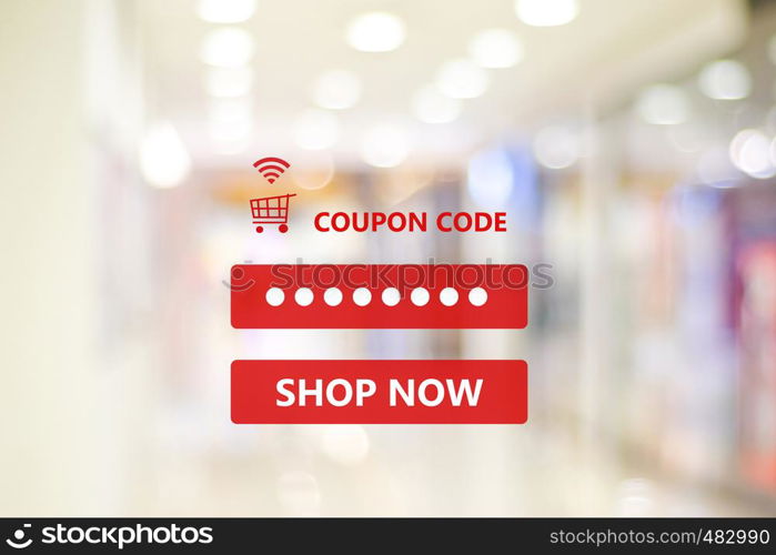 Coupon code on blur store background, web banner shopping on line promotion, on line shopping, digital marketing, business and technology concept