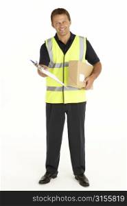 Courier Holding A Parcel And Clipboard