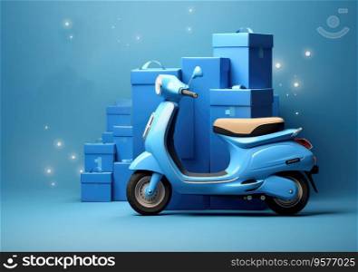 Courier service Delivery. Creative concept design. Realistic 3d scooter, cardboard boxes. Time to Shopping. Landing page for website. Moto scooter and goods.