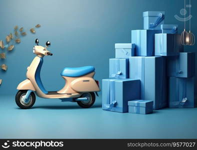 Courier service Delivery. Creative concept design. Realistic 3d scooter, cardboard boxes. Time to Shopping. Landing page for website. Moto scooter and goods.