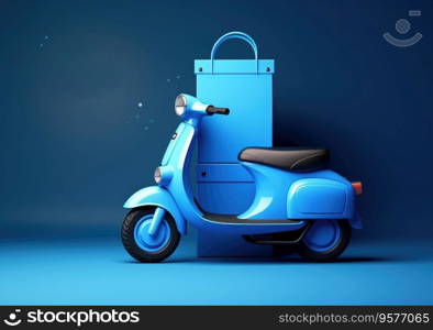Courier service Delivery. Creative concept design. Realistic 3d scooter, cardboard boxes. Time to Shopping. Landing page for website. Moto scooter and goods.
