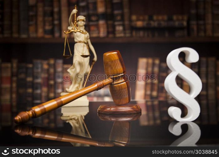 Court gavel,Law theme, mallet of justice, Paragraph, mirror back. Paragraph, law and justice concept, wooden gavel, mirror background