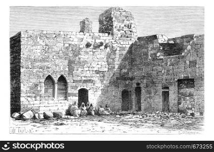 Court of Kalat es Schema Castle, near Tyre, Lebanon, vintage engraved illustration. Le Tour du Monde, Travel Journal, 1881