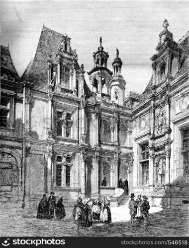 Court of the Exchange, in Caen, vintage engraved illustration. Magasin Pittoresque 1861.