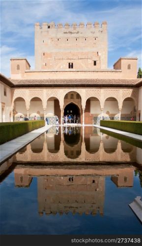 Court of the Myrtles (Patio de los Arrayanes) in the Nasrid Palaces of The Alhambra of Granada, Spain. Also known as Patio de la Alberca or Court of the Pond.