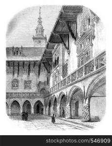 Court of the University of Krakow, vintage engraved illustration. Magasin Pittoresque 1861.
