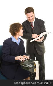 Court reporter and attorney reviewing legal precedent in a book. Isolated on white.