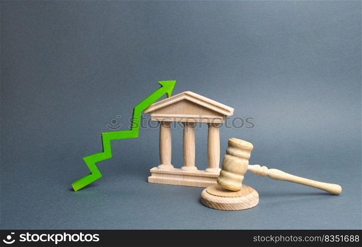 Courthouse and green up arrow. improving the efficiency of the judicial system, transparency and fair≠ss. High≤vel of detection of crimes. Statistics on acquittals. High authority and∫egrity