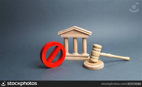 Courthouse with judge&rsquo;s gavel and sign NO. concept of censorship and the production of restrictions and laws on restriction. Anti-popular laws, usurpation of power, conservative views. Lack of justice
