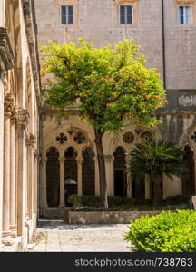 Courtyard and cloisters of Franciscan Monastery in the old town of Dubrovnik in Croatia. Franciscan Monastery and Museum in Dubrovnik old town