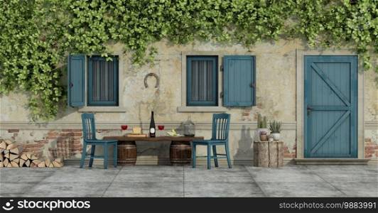 Courtyard of an old country house with chairs and food on a wooden bench - 3d rendering. Courtyard of an old country house