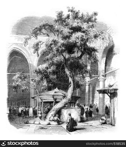 Courtyard of kesmas el baradeyeh mosque, vintage engraved illustration. Magasin Pittoresque 1845.