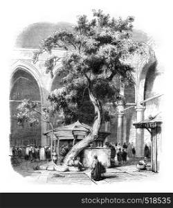 Courtyard of kesmas el baradeyeh mosque, vintage engraved illustration. Magasin Pittoresque 1845.