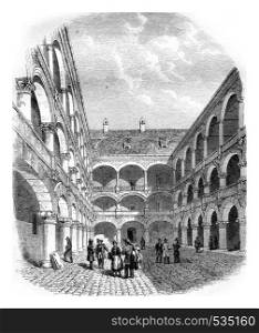 Courtyard of the Hotel des Monnaies in Munich, vintage engraved illustration. Magasin Pittoresque 1855.