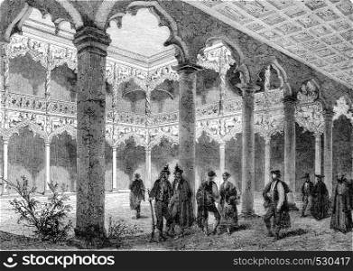 Courtyard of the palace of Guadalajara, vintage engraved illustration. Magasin Pittoresque 1852.