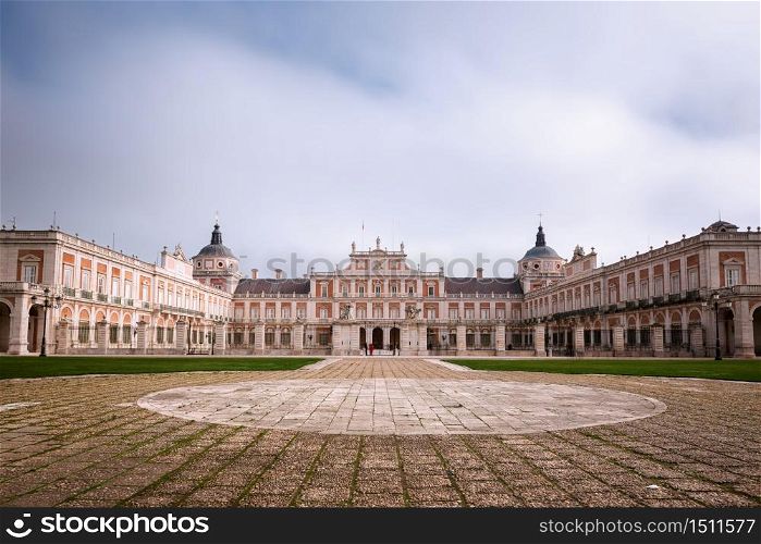 Courtyard of the Royal Palace of Aranjuez, an official residence of the King of Spain in the region of Madrid, open to the public as one of the Spanish royal sites.