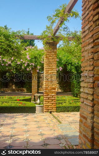 Courtyards and gardens of the famous Palace of the Alcazaba in Malaga Spain