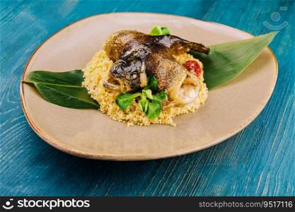 couscous with fish on brown plate