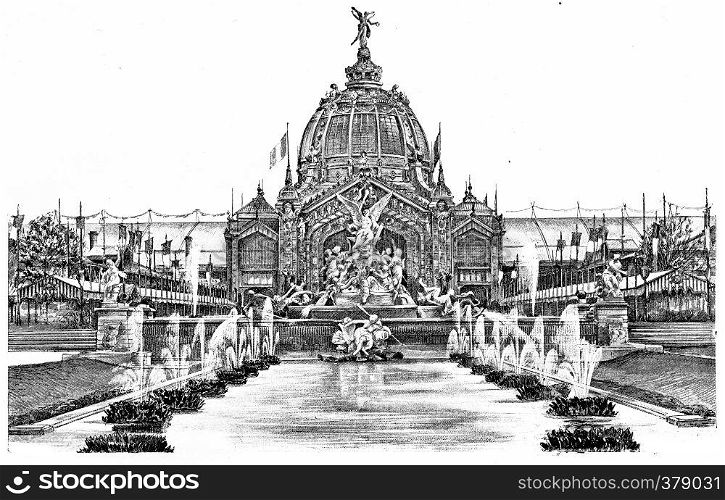 Coutan the fountain and the central dome, vintage engraved illustration. Paris - Auguste VITU ? 1890.