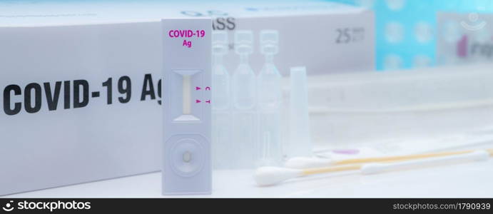 Covid 19 antigen self test for nasal swab. Antigen test kit for home use to detection coronavirus infection. Rapid antigen test. Corona virus diagnosis. Medical device for covid-19 antigen test.