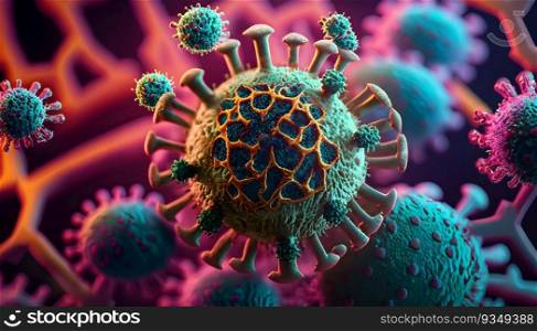 Covid-19, Coronavirus 2019-nCov novel. Microscopic view of virus cell. Coronavirus Concept. Generative Ai.