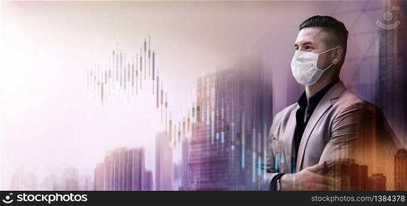 Covid-19 or Corona Virus Situation in Business. Businessman with Surgical Mask Looking away. Financial or Economy Crisis Concept. Stock Marketing Graph is going Crash and Down