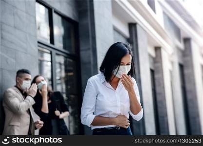 Covid-19 or Corona Virus Situation in Business Concept. Business People with Medical Mask Concern about Virus Spread in Office. Woman Coughing in Public