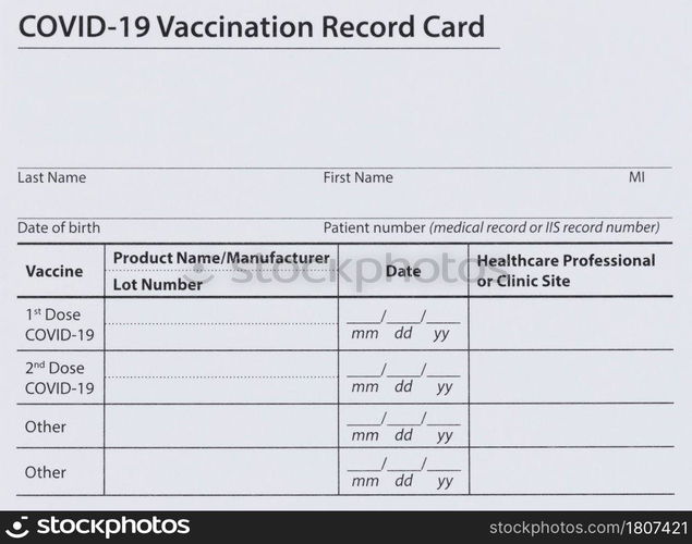 Covid 19 vaccination record card for individual use during the covid 19 coronavirus global pandemic