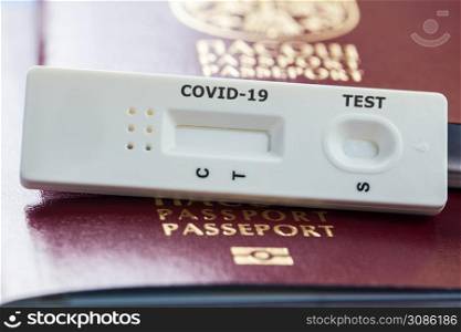 COVID-19 virus disease rapid testing, Coronavirus crisis, global pandemic outbreak, quick antibody test, airport security health and safety check concept, testing kit on a passport