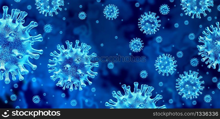 Covid-19 virus outbreak and coronavirus influenza background as dangerous flu strain cases as a pandemic medical health risk concept with disease cells as a 3D render.