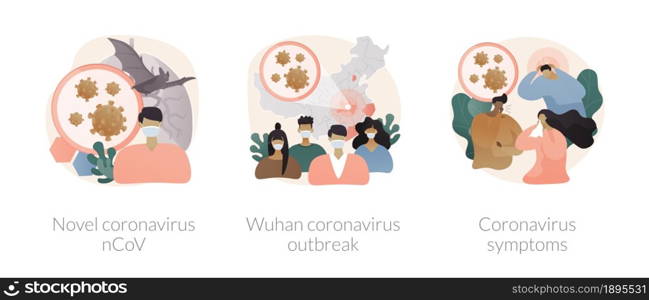 Covid outbreak abstract concept vector illustration set. Novel coronavirus COVID-19, corona symptoms, quarantine measures, breathing problem, fever and cough, world pandemic abstract metaphor.. Covid outbreak abstract concept vector illustrations.