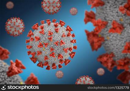 Covid19 viruses close-up on a blue background. 3d render.