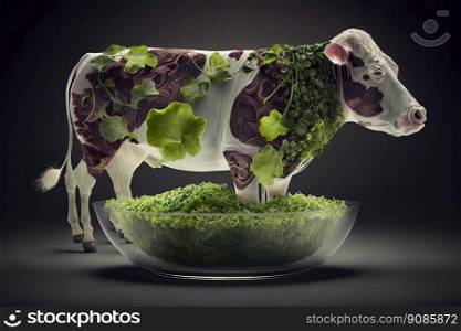 Cow represented with green plants. Generative AI