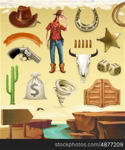 Cowboy cartoon character and objects. Western adventure. 3d vector icon set