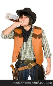 Cowboy drinking whiskey from the bottle. Isolated