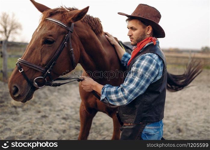 Cowboy in jeans and leather jacket poses with horse on texas ranch, western. Vintage male person with animal, wild west