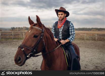 Cowboy in leather clothes riding a horse on farm, western. Vintage male person on horseback, american culture