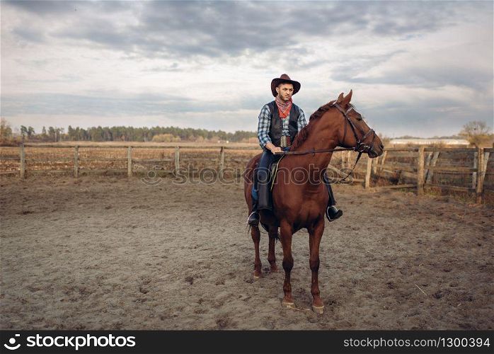 Cowboy riding a horse on a ranch, western. Vintage male person on horseback, wild west adventure