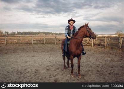 Cowboy riding a horse on a ranch, western. Vintage male person on horseback, wild west adventure