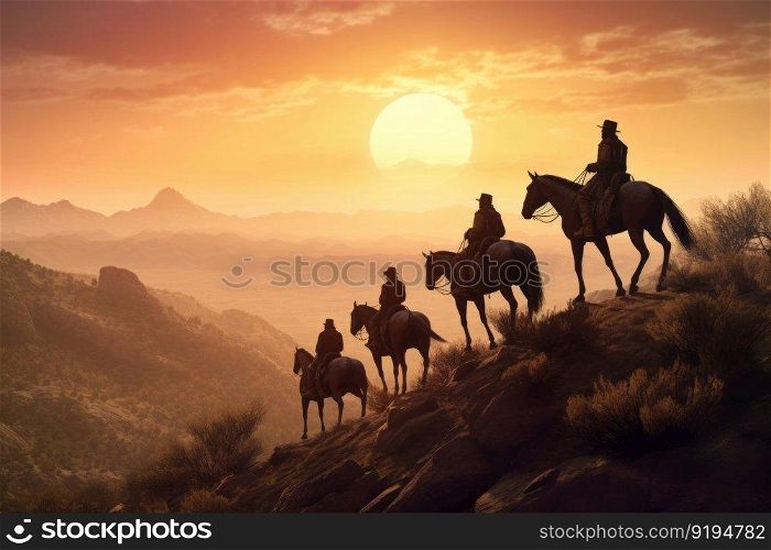 Cowboys horses sunset. Man couple young. Fictional person. Generate Ai. Cowboys horses sunset. Generate Ai