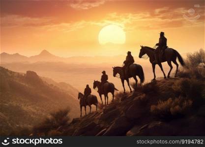 Cowboys horses sunset. Man couple young. Fictional person. Generate Ai. Cowboys horses sunset. Generate Ai