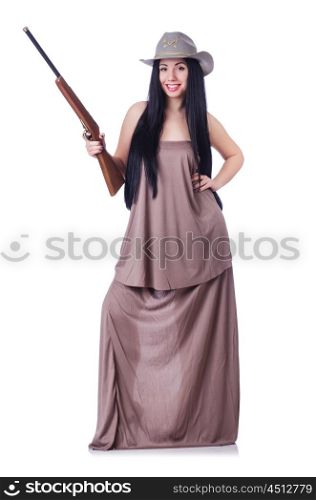 Cowgirl with rifle isolated on the white