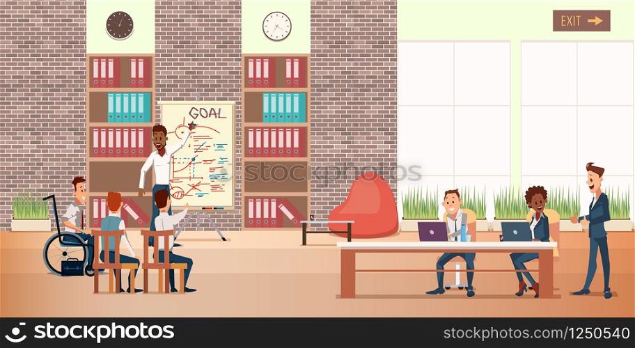 Coworking Office Center. Business People Meeting. Multicultural Team. Shared Working Environment. Character Talk and Work at Computer in Open Space. Flat Cartoon Vector Illustration. Coworking Office Center. Business People Meeting