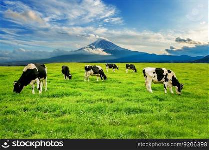 Cows eating lush grass on the green field