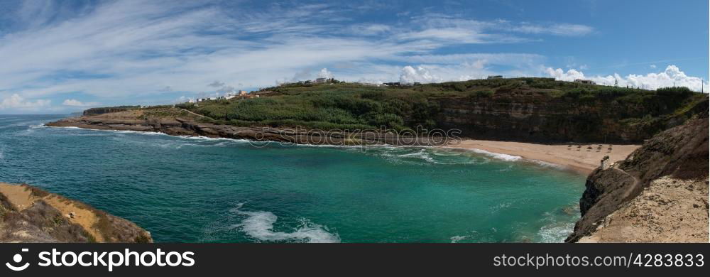 Coxos beach on the portuguese Atlantic coast. Beach and rocks of Ericeira.