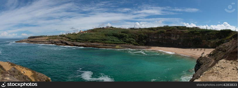 Coxos beach on the portuguese Atlantic coast. Beach and rocks of Ericeira.