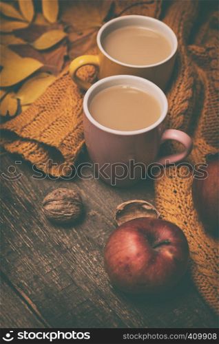 cozy autumn tea - tea with milk, apples, nuts and a warm sweater