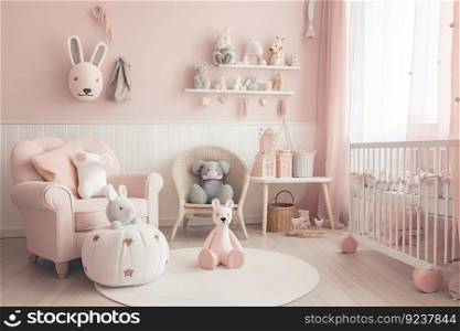 cozy baby room with soft pastel colors, animal motifs and cute plush toys, created with generative ai. cozy baby room with soft pastel colors, animal motifs and cute plush toys