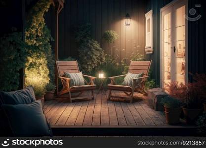 cozy backyard with comfortable deck chairs on wooden floor and illuminated walls, created with generative ai. cozy backyard with comfortable deck chairs on wooden floor and illuminated walls
