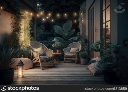 cozy backyard with comfortable deck chairs on wooden floor and illuminated walls, created with generative ai. cozy backyard with comfortable deck chairs on wooden floor and illuminated walls